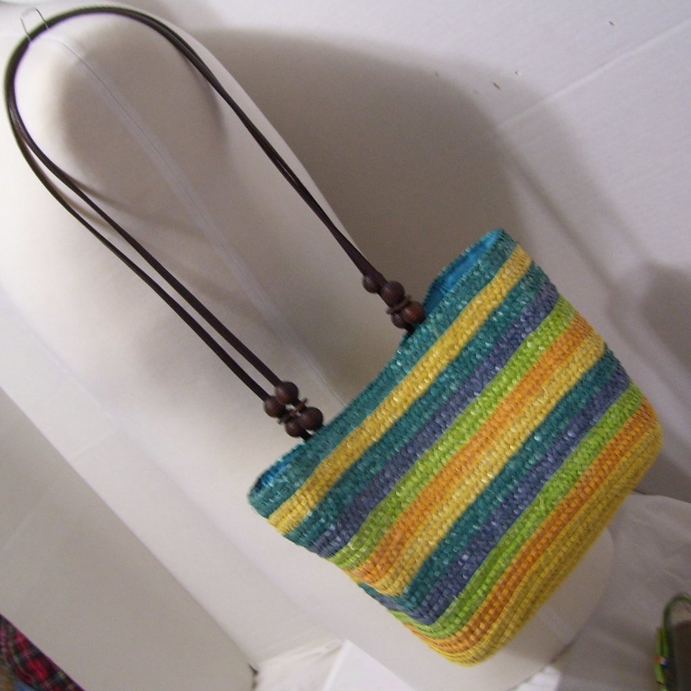 Fashion Handbag Straw  Tote Yellow Blue Green Striped NWOT.